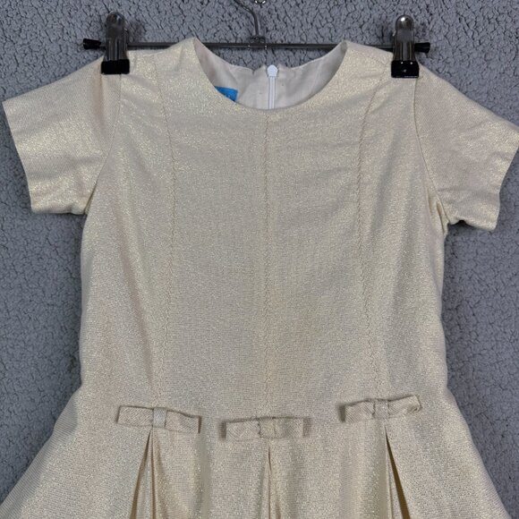 Vintage Anavini Hand Smocked Size 5 Beige Short Sleeeves Pleated Dress Midi Line - Picture 2 of 12